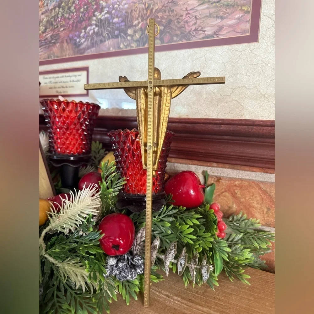 Vintage 1961 Heavy Gold Bronze Jesus Crucifix Religious Cross with Wall Holder